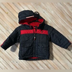 Tommy Hilfiger Red Fleece Lined Puffer Jacket Toddler Pockets Stripe